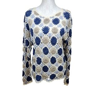 Express Tricot Handknit Crochet Floral Sweater Top Women's Medium Boho Festival